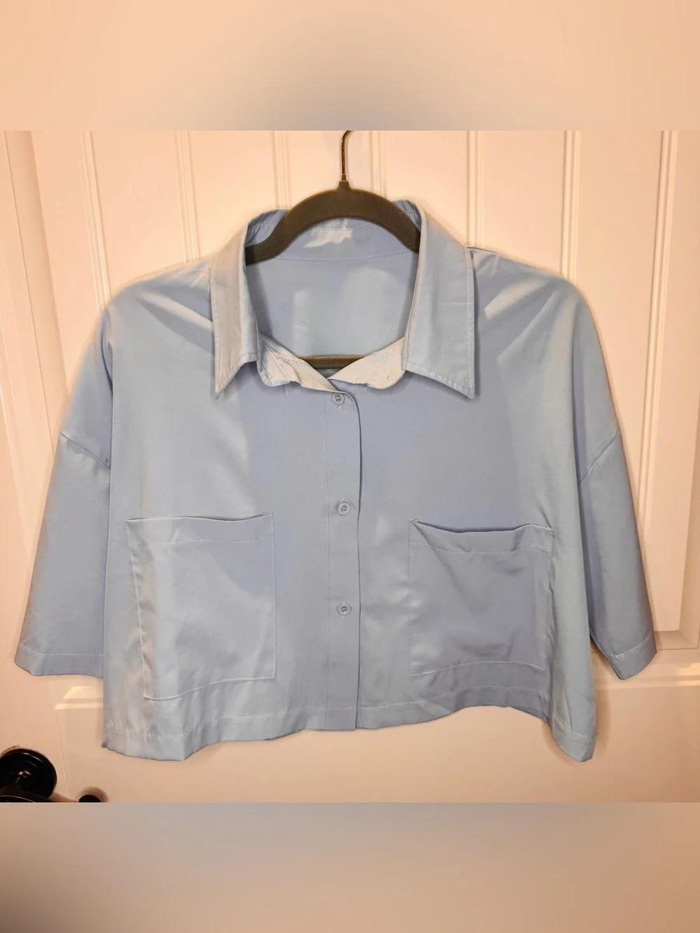 Light Blue Cropped Button-Up Shirt - Women Tops Medium - Picture 5 of 9